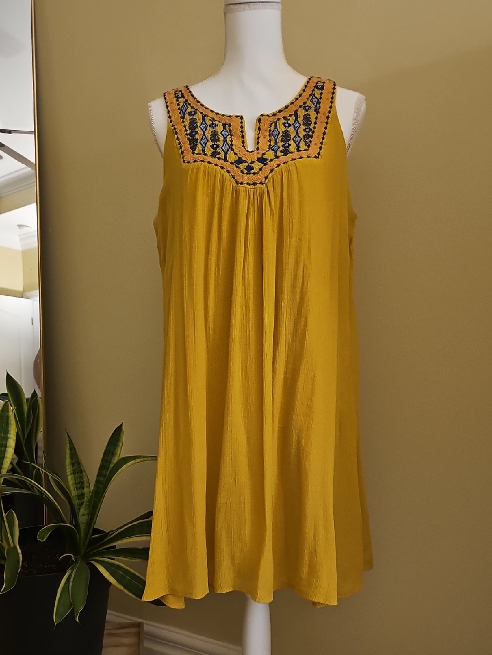 Embroidered Mustard Sleeveless Boho Dress